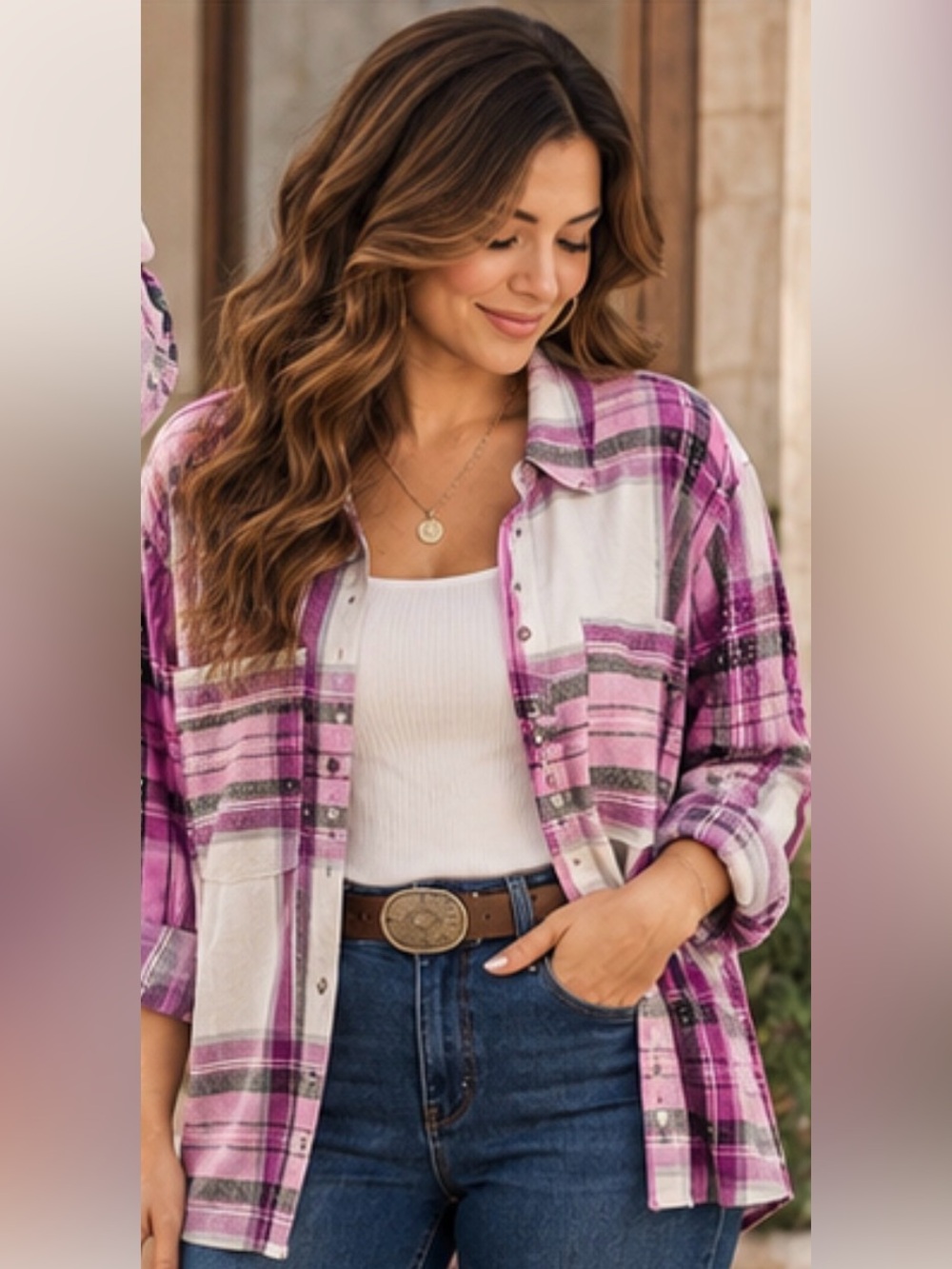 Cato XL Pink Purple Plaid Sequin Button Down Shirt Western Cowgirl 100% Cotton